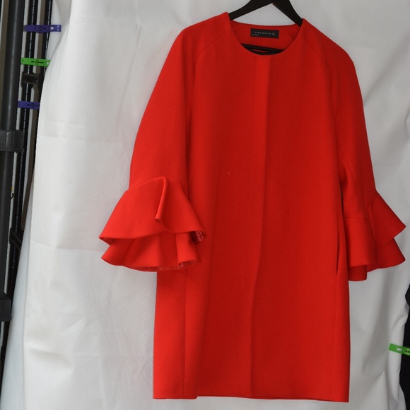 Red Woman's Coat Ruffle Sleeves Zara SZ 12 - Picture 1 of 8